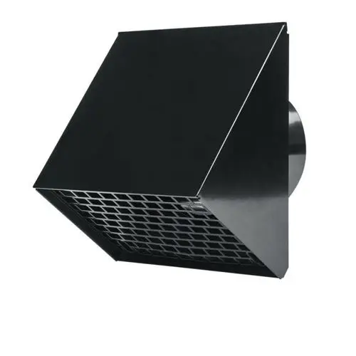 Schwarze Stiebel Eltron Außenwanddurchführung LWF LG 200 mit Gitter an der Unterseite und rundem Anschlussstück an der Seite.